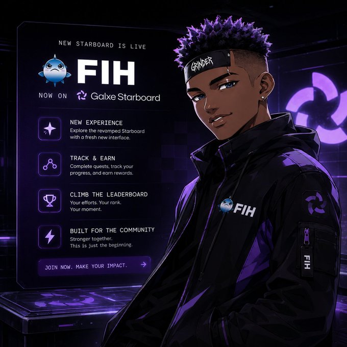 A promotional graphic for FIH on Galxe Starboard featuring a stylized anime character wearing a 'GRINDER' headband and a black jacket with FIH branding.