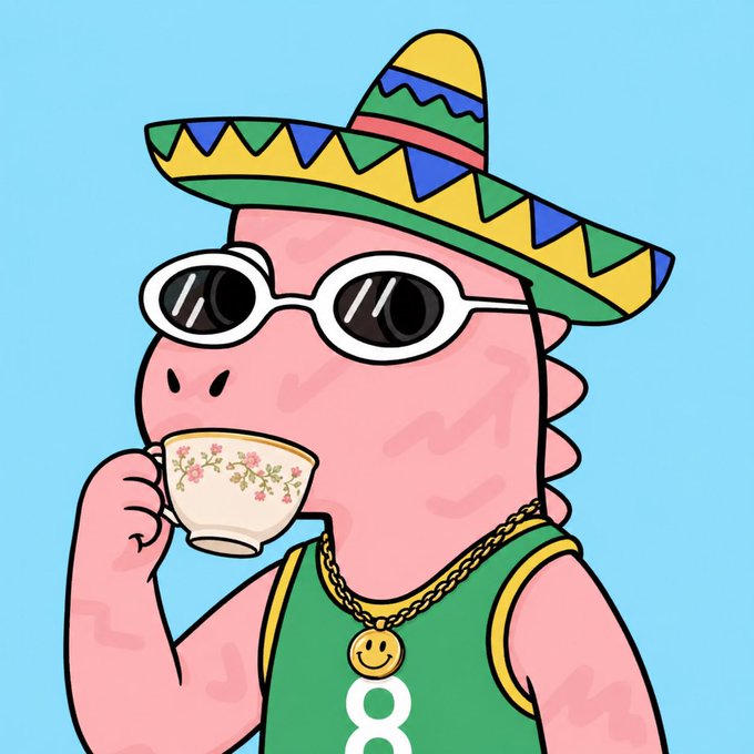 A cartoon pink dinosaur-like character wears a colorful sombrero, white sunglasses, a gold chain with a smiley face pendant, and a green jersey with the number 8, sipping tea from a floral teacup.