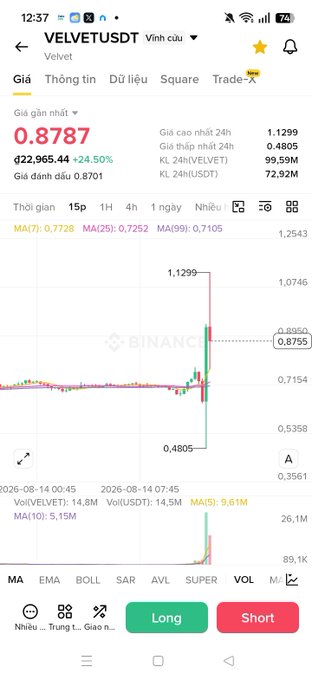 A Binance mobile trading screen for VELVETUSDT (Vính cứu) showing price 0.8787, a +24.50% 24h gain with a sharp spike to 1.1299, and Long/Short buttons.
