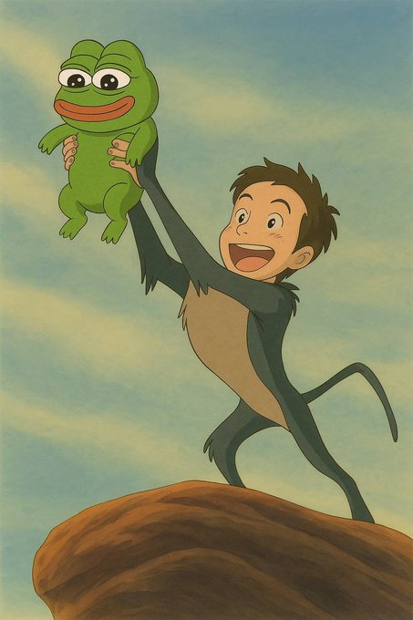 An animated illustration of a smiling monkey character holding up a green Pepe the Frog figure while standing on a brown rock against a cloudy sky.