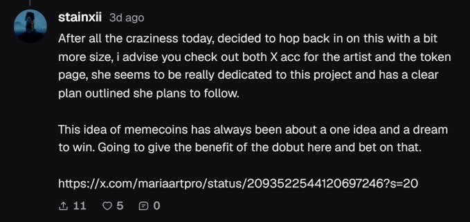 A YouTube comment by user 'stainxii' recommending checking out the X account and token page for an artist named 'mariaartpro', promoting memecoins.