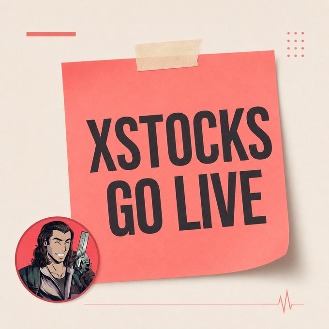 A pink sticky note graphic displays the text 'XSTOCKS GO LIVE' with a circular illustration of a smiling man holding a gun in the corner.