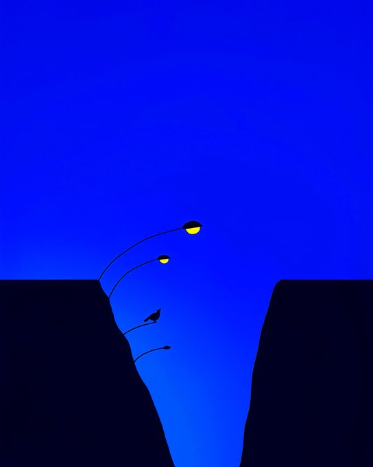 A minimalist digital illustration showing a deep blue canyon or chasm with silhouetted edges, where small figures with yellow lights stand on the cliff and a fish-like creature appears to leap from the depths.