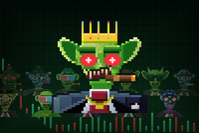 A pixel art image featuring a large crowned green goblin king with red "X" eyes and a cigar, flanked by smaller gremlin figures, visually representing the post's joke about a "gremlin asleep under the stairs" after a fully staffed (10,000/10,000) NFT collection hiring announcement on OpenSea.