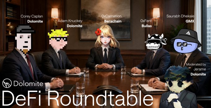The image is a promotional graphic for "DeFi Roundtable" #37, featuring pixel-art avatars of the speakers seated around a conference table, with names and projects listed: Corey Caplan and Adam Knuckey from Dolomite, OxCarnation from Berachain, OxFent from Bullas, and Saurabh Dhekale from GMX, moderated by Jerame from Dolomite. The Dolomite logo and event details are overlaid at the bottom.