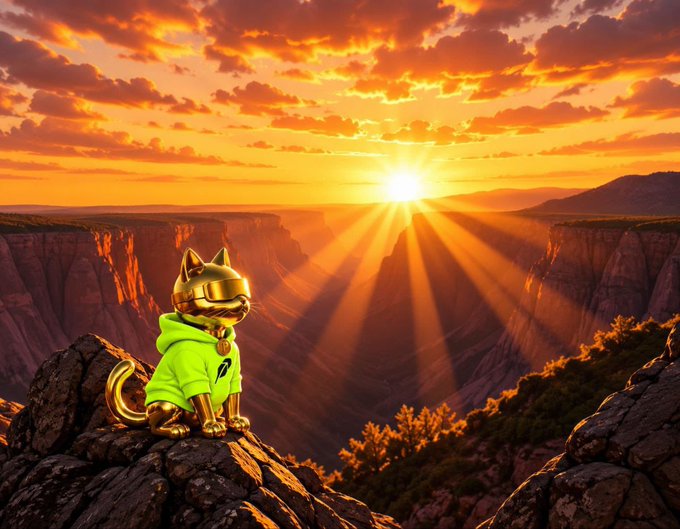 A digital illustration of a golden cat wearing sunglasses and a green hoodie sitting on a cliff overlooking a canyon at sunset.