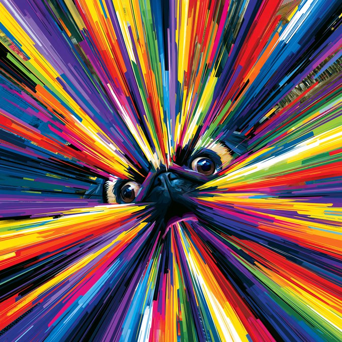 The image features a pug with its eyes open, looking directly at the camera. The pug's face is surrounded by a vibrant explosion of colors, creating an abstract and eye-catching effect. The pug appears to be peeking out from behind this colorful spectacle, giving it a playful and curious appearance.
