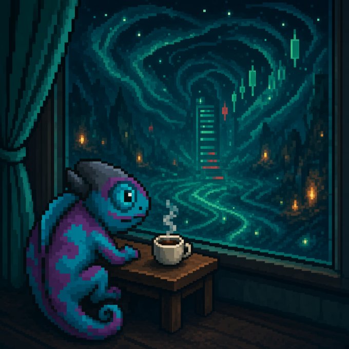 Pixel art illustration of a blue and purple chameleon sitting at a small wooden table with a steaming cup, gazing out a window at a mystical landscape with candlestick charts.