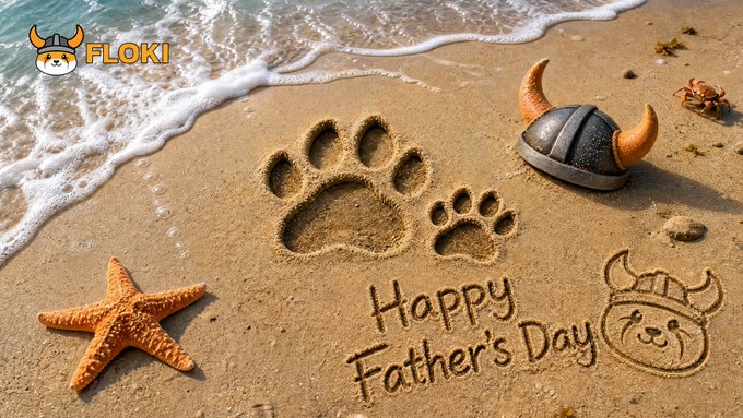 The image features a beach scene with sand where the words "Happy Father's Day" are written in white chalk. The text is positioned above a starfish and a seashell, which are also present in the image. The background of the image shows waves crashing onto the shoreline, creating an oceanic atmosphere.