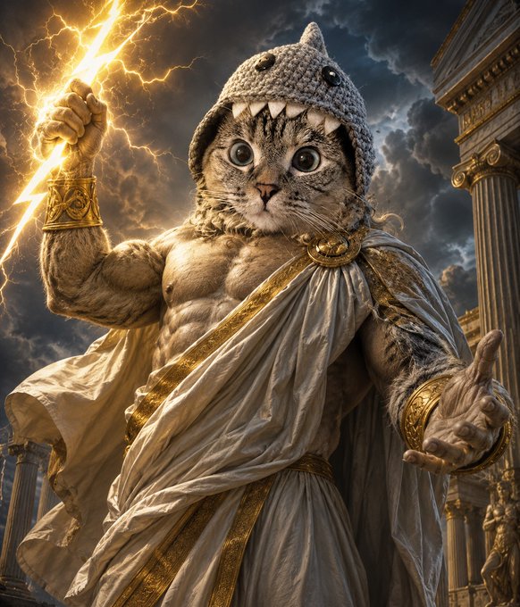 A digital illustration of a muscular anthropomorphic cat dressed as a Greek god in a white toga and crocheted shark hat, wielding a glowing lightning bolt against a stormy sky.