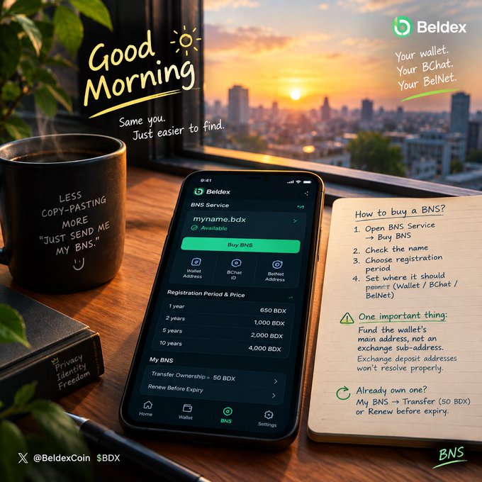 A promotional image for Beldex BNS Service showing a smartphone displaying the Beldex app with BNS registration options (1 year 650 BDX to 10 years 4,000 BDX), alongside a "Good Morning" greeting and instructions on how to buy a BNS.