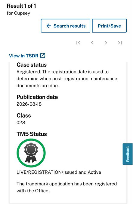 A USPTO trademark search result for 'Cupsey' showing case status as Registered with publication date 2026-08-18, Class 028, and TM5 Status marked as LIVE/REGISTRATION/Issued and Active.