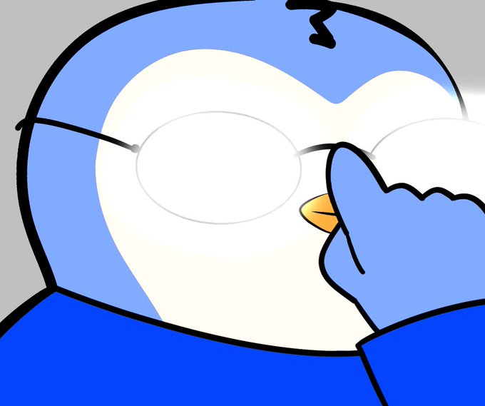 A cartoon drawing of a blue and white penguin-like character wearing glasses, appearing to wipe its beak/face with its flipper.