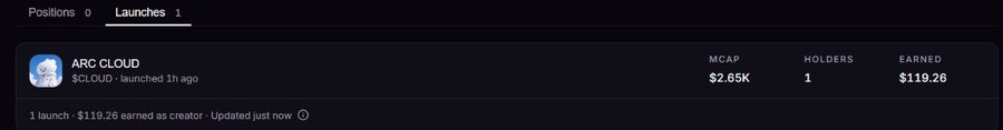 A screenshot showing a cryptocurrency launch on ARC CLOUD for the $CLOUD token, launched 1 hour ago with a market cap of $2.65K, 1 holder, and $119.26 earned by the creator.