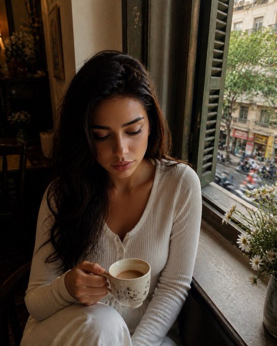 A woman with long dark hair in a white knit top holds a floral teacup while looking down, seated by a window with a street view and daisies nearby.
