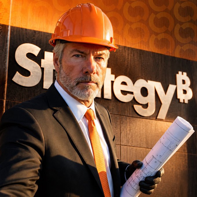 A man wearing an orange hard hat, suit, and orange tie holds blueprints in front of a sign reading 'Strategy' with a Bitcoin symbol.