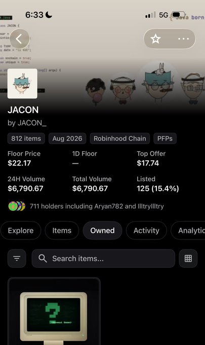 The image shows a mobile screenshot of a crypto/NFT collection page for "JACON" by JACON_, displaying key stats including a Floor Price of $22.17, 24H Volume of $6,790.67, and 711 holders. This relates to the post highlighting the collection's impressive growth from a $6 mint price to a $22.17 floor price, supporting the creator's claim of successful performance and the value offered to subscribers through guaranteed (GTD) allocation spots.