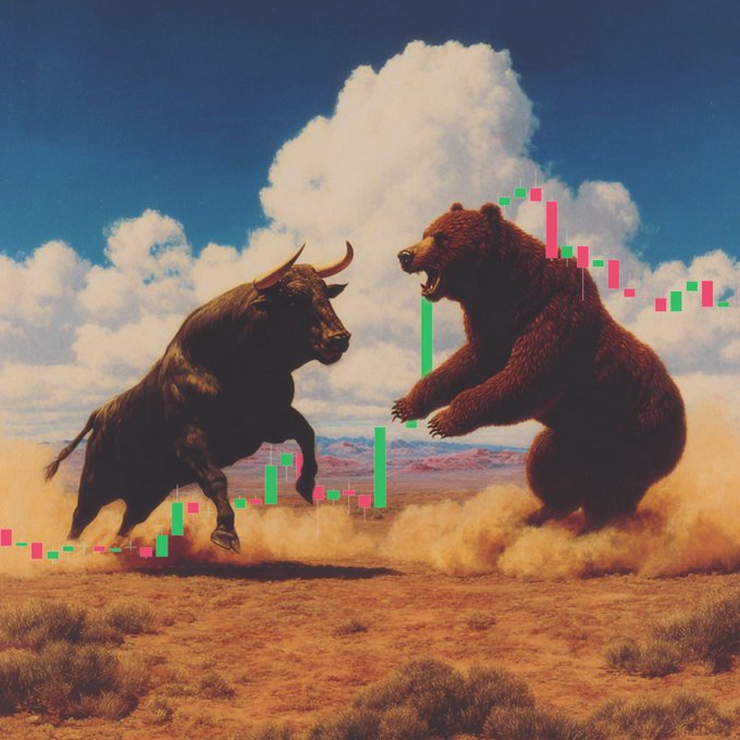 A bull and bear clash in a dusty desert arena overlaid with candlestick stock charts, visually symbolizing the eternal market battle between bullish and bearish forces—perfectly reinforcing the message that the New Money app equips traders with real tools to navigate every market cycle.