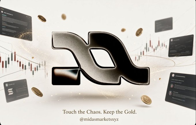 A promotional graphic for '@midasmarketsxyz' showing a large metallic 'M' logo surrounded by floating gold coins, candlestick charts, and trading screens with the tagline 'Touch the Chaos. Keep the Gold.'