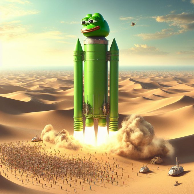 A digital illustration depicts a green rocket with the Pepe the Frog character as its nose cone launching from a desert landscape with crowds and vehicles watching.