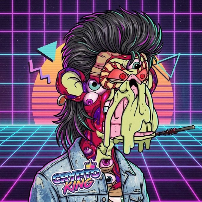 A surreal, grotesque digital illustration features a face with dripping green slime, multiple eyes, and a cigarette, labeled "CRYPTO KING" over a retro neon grid background.