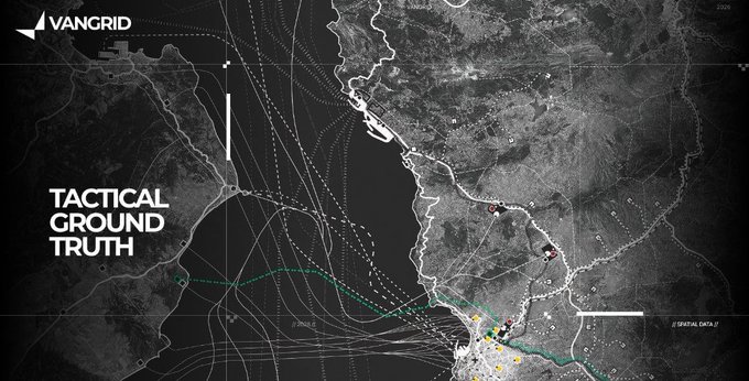 A dark tactical map titled 'TACTICAL GROUND TRUTH' by VanGrid showing the West Coast of Africa with dotted movement lines and data points along the coastline.