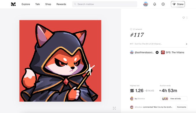 An NFT marketplace page showing artwork of a fox in a black hood, titled '#117 - Evil Fox (The 6th of 3D Villains...)' by @sofiendsso.cl, with a highest bid of 1.26 ETH.