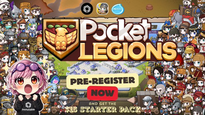 The image features a poster for Pocket Legends game that has been pre-registered by users. The poster includes a cartoon character of a girl with a surprised expression, surrounded by other characters from the game. The text on the poster encourages people to sign up for the game and provides details about the benefits of doing so, such as gaining access to 100,000 Copper coins and 300 Gold coins in the game's reward system.