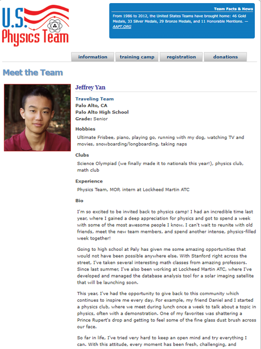 Screenshot of a U.S. Physics Team profile page for Jeffrey Yan, listing his hobbies as frisbee, piano, running, TV, movies, snowboarding/longboarding, and “taking naps,” along with clubs and experience at Lockheed Martin ATC. It provides early-biography context for the post about his rise from taking naps to building Hyperliquid.