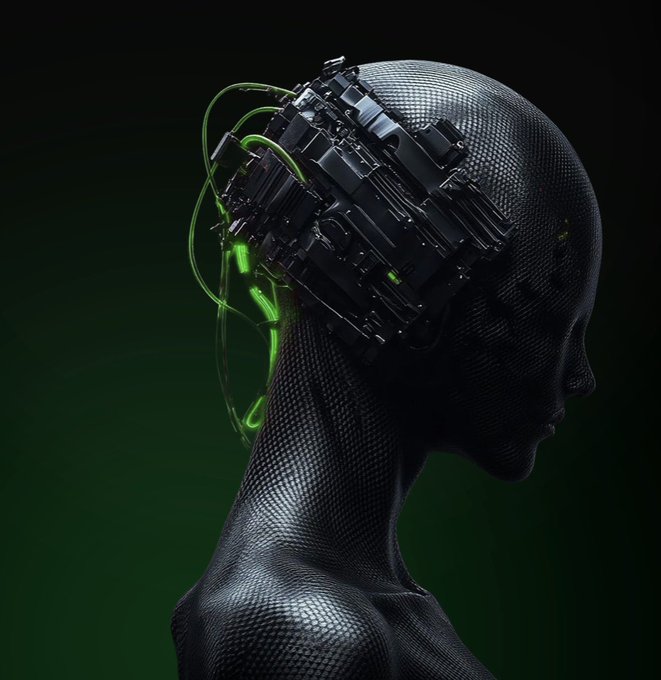 A 3D rendered profile of a metallic textured humanoid figure with exposed mechanical/circuit components in its head featuring glowing green tubes, against a dark green gradient background.
