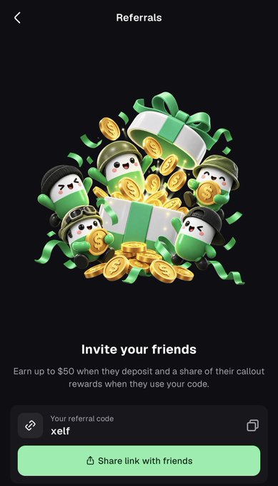 A 'Referrals' app screen showing cute green characters with gold coins and gift boxes, inviting users to 'Invite your friends' with the referral code 'xelf'.
