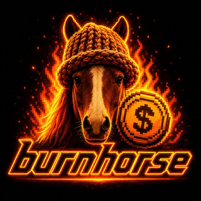 A pixel-art horse wearing a knit beanie stands amidst fiery flames next to a gold coin emblazoned with a dollar sign, with the glowing text "burnhorse" displayed prominently below—visually embodying the "burncoin meets horse" meme concept described in the post about launching $burnhorse on pump.fun.