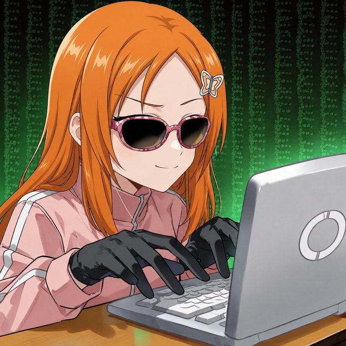 An anime-style illustration of an orange-haired girl with a butterfly hair clip, sunglasses, and black gloves typing on a laptop in front of a Matrix-style green code background.