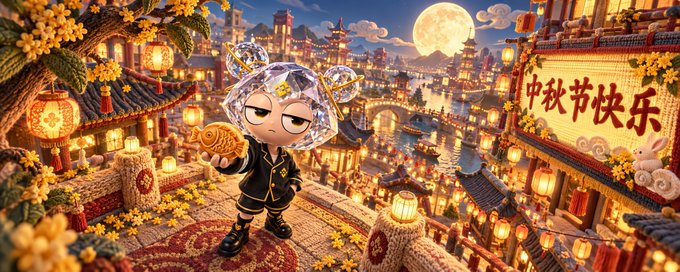 A cartoon character with crystalline hair holds a mooncake amid a glowing festival cityscape, with a banner reading "中秋节快乐" (Happy Mid-Autumn Festival). The imagery ties directly to the post's Mid-Autumn theme, capturing the festive atmosphere of the giveaway announcement.