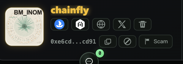 A screenshot of a token profile for BM_INOM on chainfly, displaying a contract address starting with 0xe6cd and a flag labeled 'Scam.'