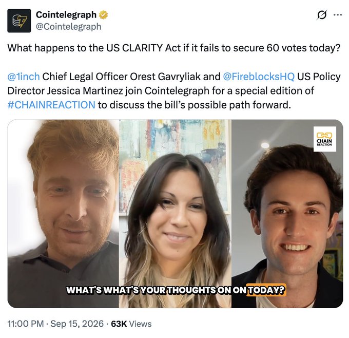 Cointelegraph tweet asking 'What happens to the US CLARITY Act if it fails to secure 60 votes today?' featuring a #CHAINREACTION video thumbnail with three speakers and captions 'WHAT'S WHAT'S YOUR THOUGHTS ON ON TODAY?', dated Sep 15, 2026 with 63K Views.
