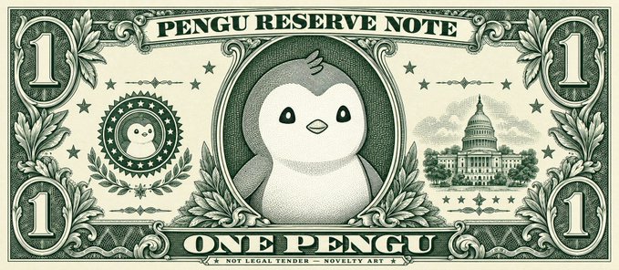 A novelty banknote styled like US currency, labeled 'PENGU RESERVE NOTE' and 'ONE PENGU,' featuring a cartoon penguin in the center and the U.S. Capitol building, with 'NOT LEGAL TENDER - NOVELTY ART' printed along the bottom.