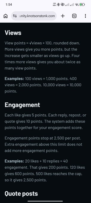A screenshot of the knotsonstonk.com website explaining the points system for views (√views × 10) and engagement (capped at 2,500 points per post), showing examples like 10,000 views equaling 10,000 points. The post promotes $KNOTS token's reflection mechanism that distributes a 3% transfer tax to $STONK holders, with the website likely serving as the leaderboard to earn $STONK rewards based on the engagement metrics shown.