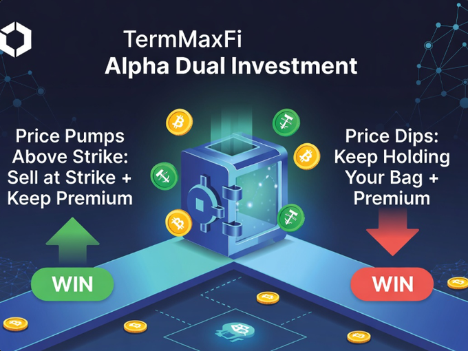 A promotional graphic for TermMaxFi's Alpha Dual Investment shows a blue safe with crypto coins, illustrating two winning scenarios: when prices rise above the strike price (sell at strike plus keep premium) and when prices dip (keep holdings plus premium). The visual reinforces the post's message of earning yield in any market direction by depicting both outcomes as "WIN" with green up and red down arrows on a crossroads.