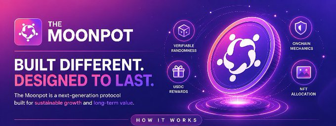 Promotional banner for 'THE MOONPOT' reading 'BUILT DIFFERENT. DESIGNED TO LAST.' with features listed as 'VERIFIABLE RANDOMNESS', 'USDC REWARDS', 'ONCHAIN MECHANICS', and 'NFT ALLOCATION'.