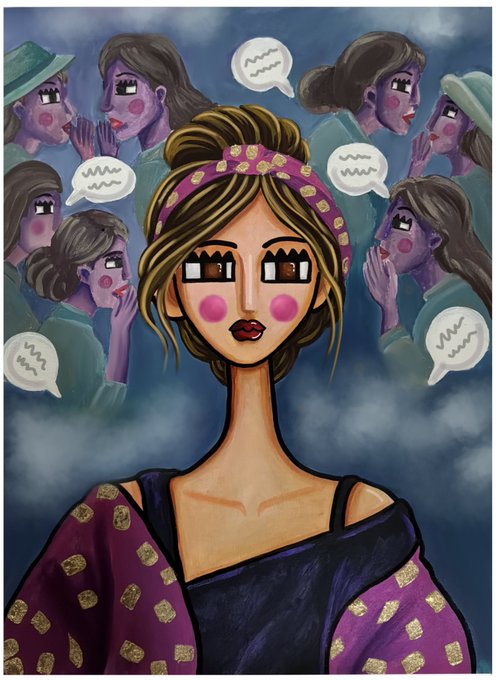 An illustration of a woman with brown hair and a headscarf, looking sad or distressed, surrounded by background figures whispering (indicated by speech bubbles) behind her.