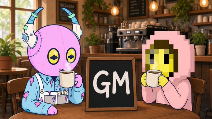 Two cartoon characters, a pink alien-like figure and a pixelated character in a pink hoodie, sit at a coffee shop table drinking from mugs with a 'GM' chalkboard sign between them.