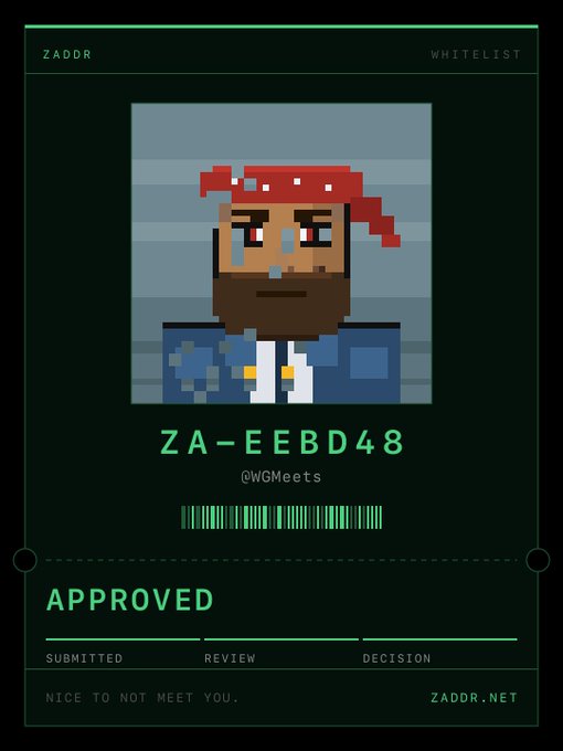 A pixel art ID card labeled "ZADDR" with ID "ZA-EEBD48" and username "@WGMeets", showing an "APPROVED" status in the "DECISION" phase.