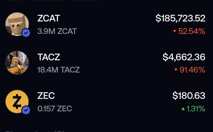 A dark cryptocurrency market list shows ZCAT at $185,723.52 with 3.9M ZCAT and a red 52.54% decline, TACZ at $4,662.36 with 18.4M TACZ and a red 91.46% decline, and ZEC at $180.63 with 0.157 ZEC and a green 1.31% gain.