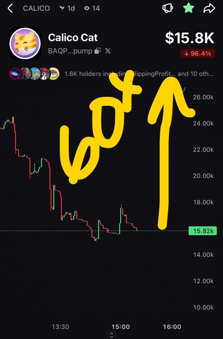 A cryptocurrency chart on a mobile app shows the "Calico Cat" token (ticker: BAQP...pump) at $15.8K, down 96.4%, with "LOOT" handwritten in yellow.