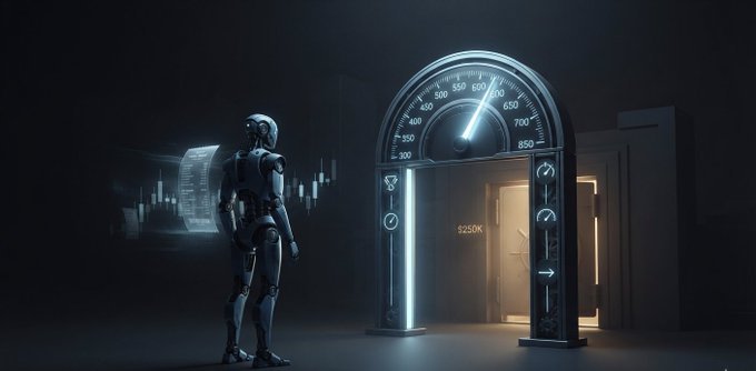 A humanoid robot stands before a large arched speedometer-style gauge in a dark futuristic room.