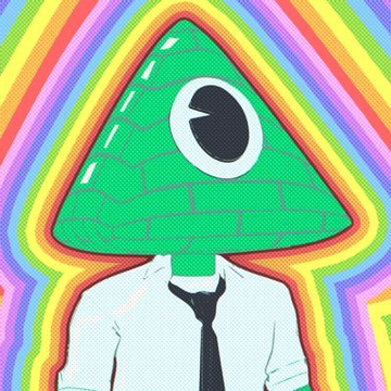 A cartoon illustration of a character with a green pyramid-shaped head featuring a single large eye, wearing a white shirt and black tie against a rainbow background.