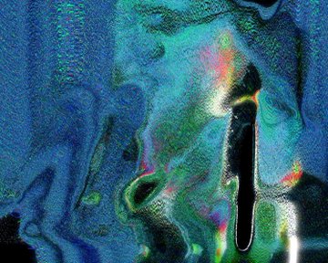 An abstract, iridescent image with swirling blue, green, and purple hues, featuring a dark central drip-like shape.