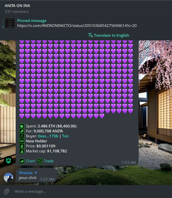 A Telegram chat for "ANITA ON INK" (537 members) shows a purchase notification of 9,000,708 ANITA tokens for 3.486 ETH ($8,460.06), with a user named Vinicius commenting "jesus chrit" in response. The image relates to the post by showcasing a significant ANITA token transaction that highlights the token's market activity ($1,108,782 market cap at $0.001109 per token), supporting the alpha narrative about early positioning in $INK.
