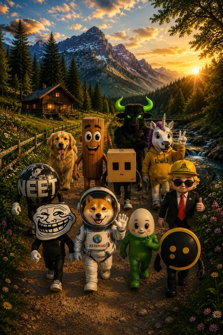 A vibrant digital artwork of assorted meme characters including a doge in an 'ASTEROID' spacesuit, a trollface, a NEET globe figure, a cardboard Danbo, and others gathered in a mountain landscape at golden hour.